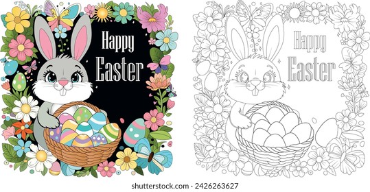 Happy Easter with cute Easter bunny and coloring page for kids with cute Easter bunny. Black and white spring illustration with bunny, basket, butterflies, eggs, flowers.