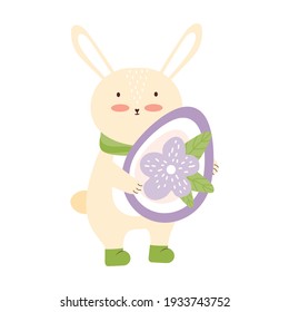 Happy Easter! Cute bunny with easter egg isolated on white background. Funny holiday rabbit. Baby hare cartoon character. Spring festival. Hand drawn vector illustration in pastel colors.