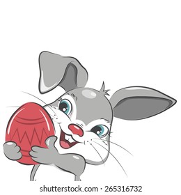 Happy Easter. Cute Easter bunny with Easter egg. Vector illustration. Isolated on white background.