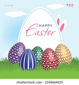Happy Easter with cute bunny and Easter eggs banner design template.