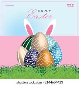 Happy Easter with cute bunny and Easter eggs banner design template.