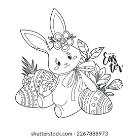 Happy Easter. Cute bunny with Easter eggs, flowers and leaves. Сontour picture for coloring book, design greeting card, print and poster.