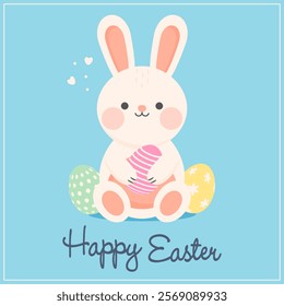 Happy Easter! Cute Easter Bunny with Eggs. Vector Illustration.