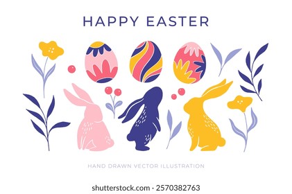 Happy Easter set with cute bunny, eggs and floral elements isolated on white background. Modern flat illustration for decor, sticker, clipart, print.