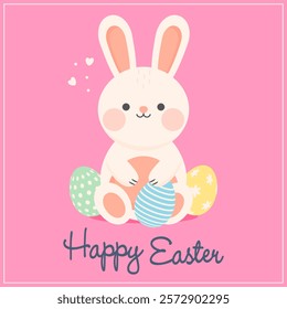  Happy Easter! Cute Easter Bunny with Eggs. Vector Illustration.