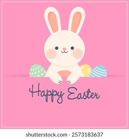  Happy Easter! Cute Easter Bunny with Eggs. Vector Illustration.