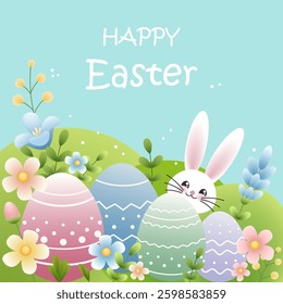 Happy Easter. Cute Easter bunny, eggs, spring flowers. Vector color illustration.