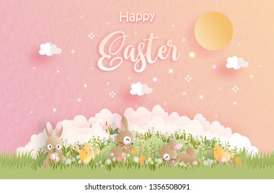 Happy Easter With Cute Bunny And Ester Eggs In Paper Cut Style Vector Illustration.