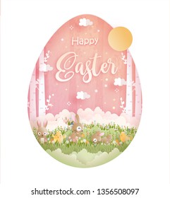 Happy Easter with cute bunny and Ester eggs in paper cut style vector illustration.