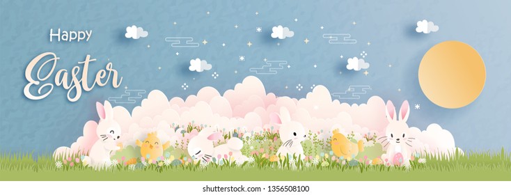 Happy Easter with cute bunny and Ester eggs in paper cut style vector illustration.