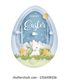 Happy Easter with cute bunny and Ester eggs in paper cut style vector illustration.