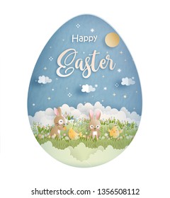 Happy Easter With Cute Bunny And Ester Eggs In Paper Cut Style Vector Illustration.