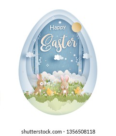 Happy Easter With Cute Bunny And Ester Eggs In Paper Cut Style Vector Illustration.