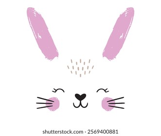 Happy Easter cute bunny face with smile. Easter decor for greeting card, poster, with cute, sweet hand drawn rabbit. Vector illustration