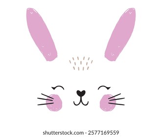 Happy Easter cute bunny face with smile. Easter decor for greeting card, poster, with cute, sweet hand drawn rabbit. Vector illustration