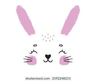 Happy Easter cute bunny face with smile. Easter decor for greeting card, poster, with cute, sweet hand drawn rabbit. Vector illustration