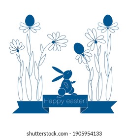 Happy easter. Cute bunny. Easter flower with ribbon. Vector postcard, poster. Cartoon style. .