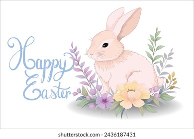 Happy Easter. Cute Easter bunny with flowers for decoration.