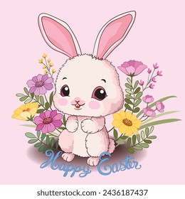 Happy Easter. Cute Easter bunny with flowers for decoration.