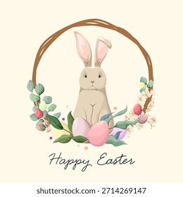 Happy Easter. Cute bunny and flowers poster. Vector.
