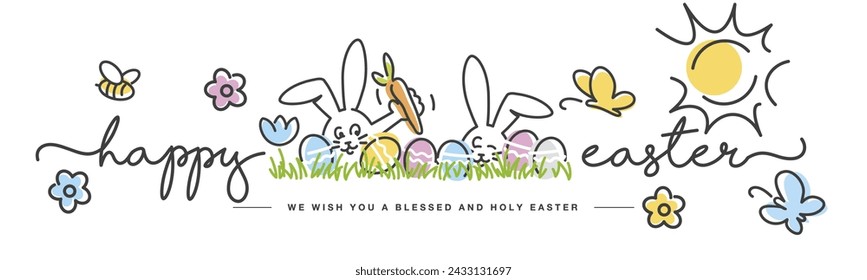 Happy Easter. Cute Easter bunny found a carrot. Sunny spring day with flowers tulips colorful eggs in green grass. Easter egg hunt white greeting card