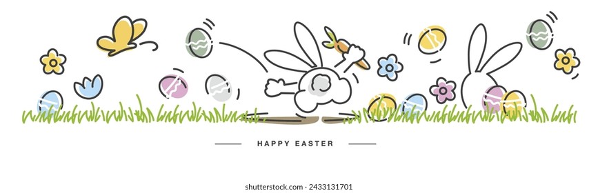 Happy Easter. Cute happy Easter bunny found a carrot. Butterfly spring flowers tulips colorful eggs in green grass. Easter egg hunt white greeting card