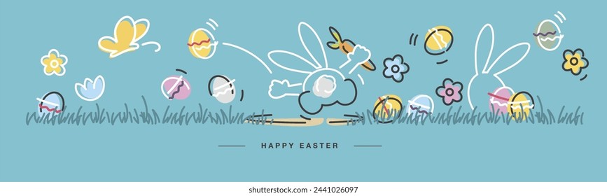 Happy Easter. Cute happy Easter bunny found a carrot. Butterfly spring flowers tulips colorful eggs in green grass. Easter egg huntsea green greeting card