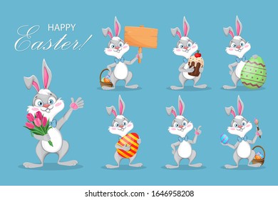 Happy Easter, cute bunny. Funny cartoon rabbit, set of seven poses. Stock vector illustration