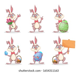 Happy Easter, cute bunny. Funny cartoon rabbit, set of six poses. Stock vector illustration on white background