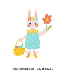 Happy Easter cute bunny girl with an easter egg basket hand-drawn vector illustration on a white background.
