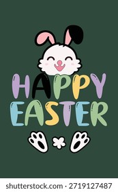 Ilustración vectorial plana linda de la cabeza del conejo de Pascua feliz con la tipografía colorida
