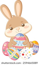 Happy Easter!. Cute bunny holding colorful egg on white background. Isolated rabbit character with Easter egg. Easter bunny. Vector Illustration.