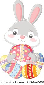Happy Easter!. Cute bunny holding colorful egg on white background. Isolated rabbit character with Easter egg. Easter bunny. Vector Illustration.