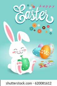 Happy Easter! Cute bunny holding easter egg, vector illustration