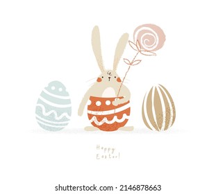 Happy easter cute bunny illustration. Hand drawn funny card with rabbit in cartoon style. Vector