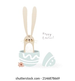 Happy easter cute bunny illustration. Hand drawn funny card with rabbit in cartoon style. Vector
