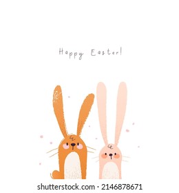 Happy easter cute bunny illustration. Hand drawn funny card with rabbit in cartoon style. Vector
