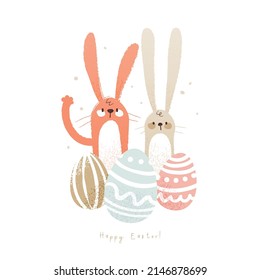 Happy easter cute bunny illustration. Hand drawn funny card with rabbit in cartoon style. Vector