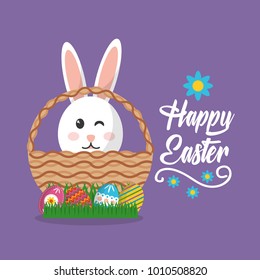 happy easter cute bunny inside basket and eggs decoration