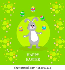 Happy Easter. Cute Easter bunny  juggling with easter eggs. Vector illustration.