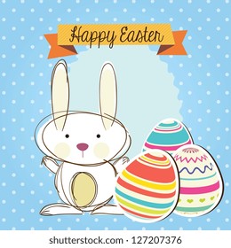 Happy Easter (Cute bunny) on blue background. Vector Illustration