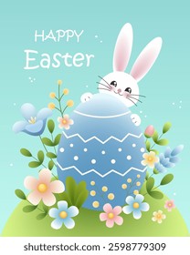 Happy Easter. Cute Easter bunny on a meadow with flowers and Easter egg. Vector color illustration.
