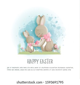 Happy Easter with cute bunny  in paper cut style and watercolor background. Vector illustration