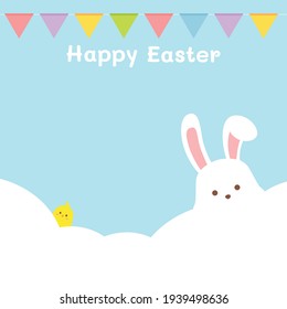 Happy Easter. Cute bunny rabbit, chicken and eggs