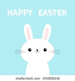 Happy Easter. Cute Bunny Rabbit Face Head. Cartoon Kawaii Funny Smiling Baby Character. Long Ears. Farm Animal Collection. Spring Greeting Card. Flat Design. Blue Background. Isolated. Vector