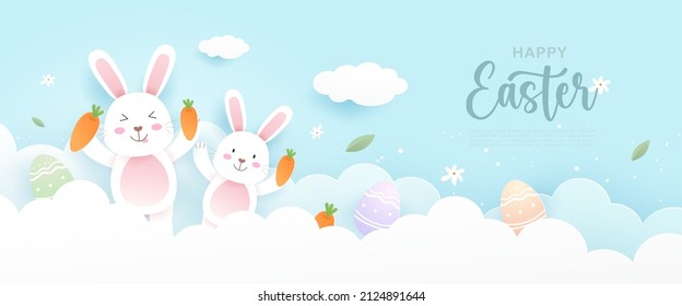 Feliz Pascua con lindo conejo o conejo, huevos de pascua, zanahoria y elementos festivos en el cielo azul en el estilo cortado de papel. Ilustración del vector