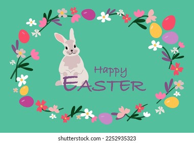 Happy Easter. Cute bunny rabbit inside flowers and eggs. Floral ornament on a green background.