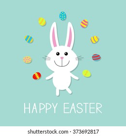 Happy Easter. Cute bunny rabbit  juggles egg. Flat design. Pastel color background.Vector illustration