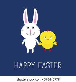 Happy Easter. Cute bunny rabbit and chicken. Round frame. Flat design. Vector illustration