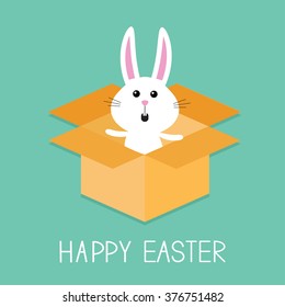 Happy Easter. Cute bunny rabbit. Open paper cardboard package gift box. Flat design. Pastel color background. Vector illustration